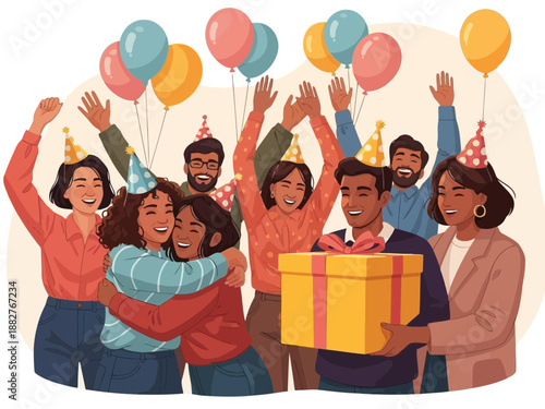 Diverse group of people celebrating with balloons and a gift
