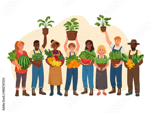 Group of people holding plants and vegetables in a garden setting