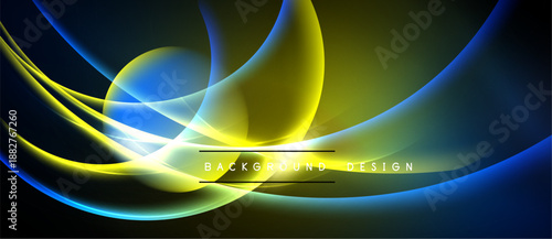 Abstract flowing lines, vibrant blues, yellows dominate dark background. Modern design evokes energy, movement, sleekness.