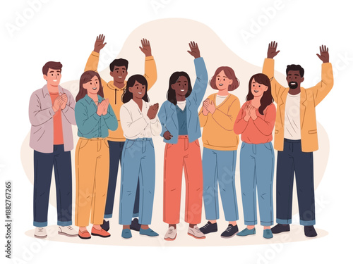 A diverse group of people waving their hands in the air