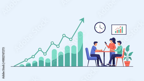 Business team collaborates on a growing trend chart with a clock and plant