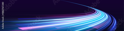 Futuristic neon laser lines ripple along city streets. Purple red motion trails, wave energy, light lines merge with police lights illustrating dynamic traffic speed. Vector illustration.