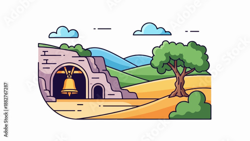 Ancient cave entrance with a bell and serene rolling hills