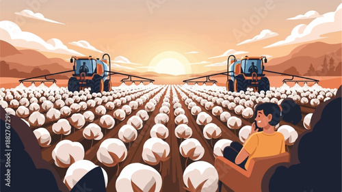 Cotton field with tractors spraying crops at sunset, a person watches