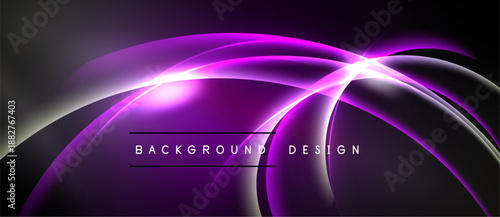 Abstract purple waves, bright light flares. Modern design elements create dynamic visual impact. Background suggests technology, energy.