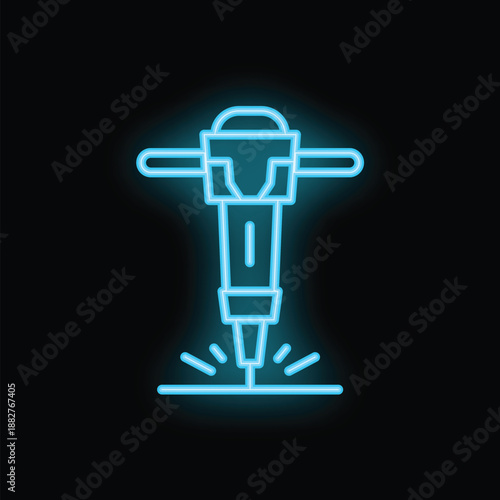 Neon jackhammer breaking ground with glowing blue light on black background