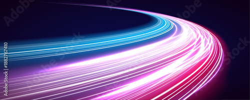 Futuristic neon laser streaks curve along city streets. Purple, blue and red light waves, motion trails, energy lines mix with police flashes highlighting traffic movement. Vector illustration.