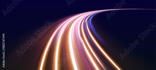 Neon laser lines twist along city highway. Motion lines, yellow wave energy, light trails blend with purple lights creating dynamic futuristic traffic visuals. Vector illustration .