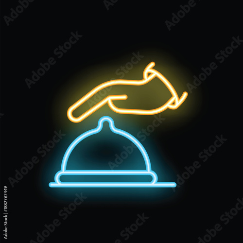 Neon sign of a hand ringing a service bell, perfect for projects related to customer service, hotels, and assistance