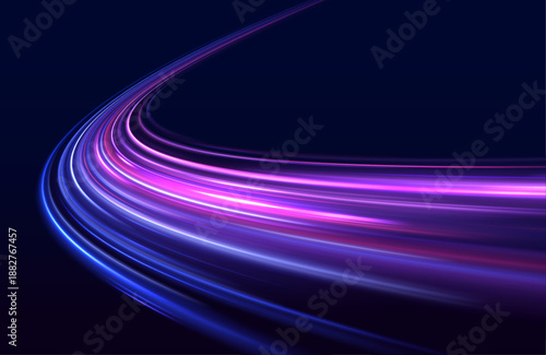 Neon laser speed lines flow along city highway. Purple, blue and red light trails, wave energy, motion lines combine with police lights creating futuristic traffic scene. Vector illustration.