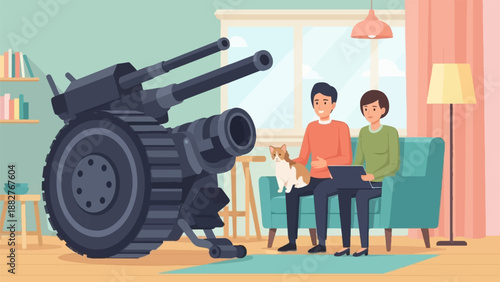 Couple and cat relax indoors next to a large artillery piece