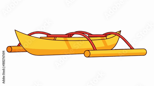 A yellow outrigger canoe with red supports on a white background