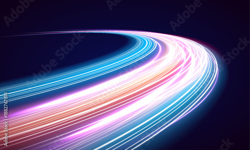 Futuristic neon laser streaks curve along city streets. Purple, blue and red light waves, motion trails, energy lines mix with police flashes highlighting traffic movement. Vector illustration.