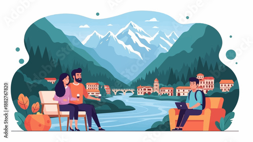 Couple enjoys wine while man works on laptop in scenic mountain town