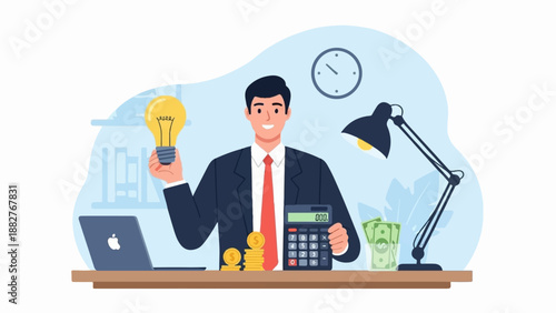 Businessman with a lightbulb, calculator, money, and laptop at desk