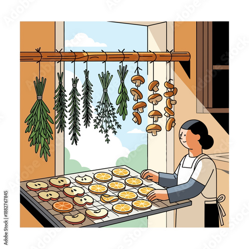 Woman drying herbs, mushrooms and fruit slices on tray by window
