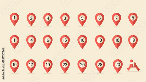 Collection of numbered map pin icons with a stylized figure