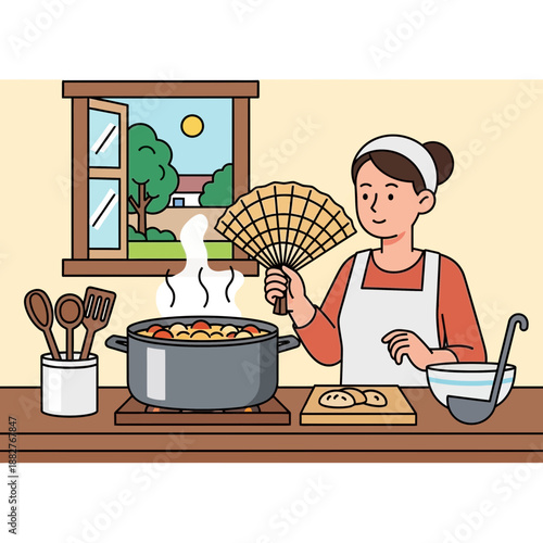 Woman fanning herself while cooking on a hot summer day