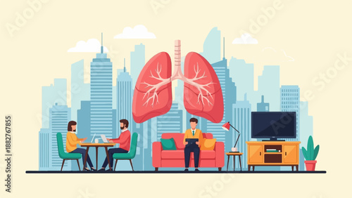 City skyline backdrop with people, lungs graphic, and home interior elements