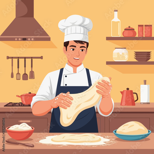 Chef kneading pizza dough in a kitchen, illustration