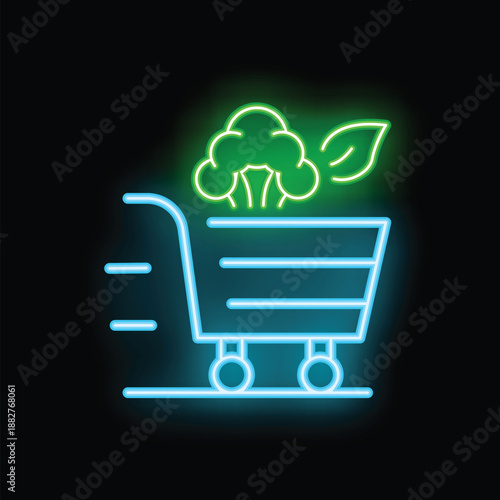 Neon shopping cart speeding with broccoli inside on black background symbolizing online grocery shopping for healthy food