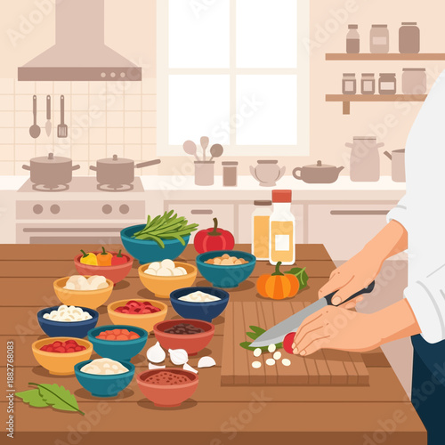 Chef preparing ingredients in a modern kitchen, colorful bowls of food