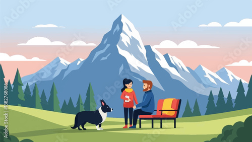 Couple and dog enjoy mountain view from scenic park bench