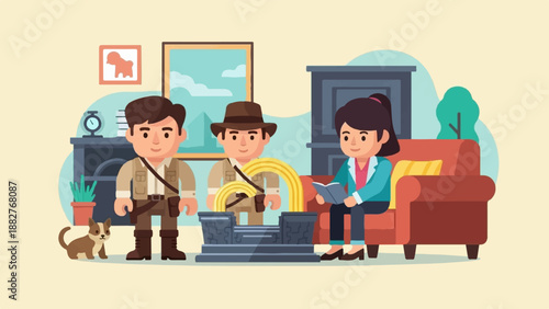 Animated characters gathered indoors, with a dog and a mystical archway