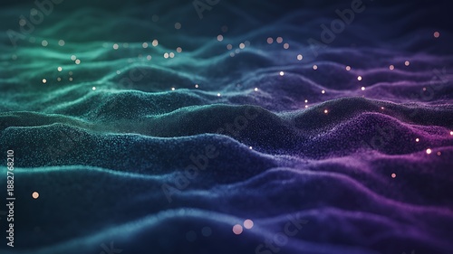 a mesmerizing abstract digital landscape featuring flowing waves of teal purple and blue light with scattered glowing particles throughout the scene high quality professional detailed modern
