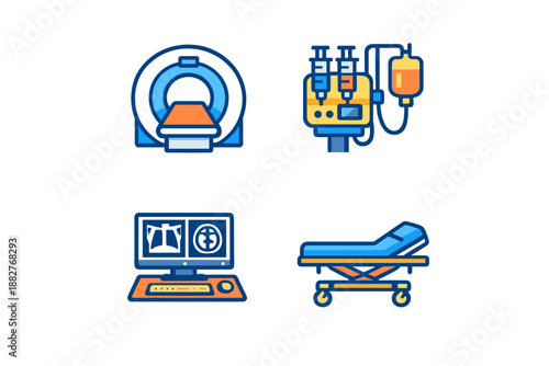 Medical equipment icons on black background