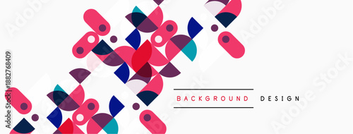 Abstract geometric shapes overlap, creating vibrant background. Pink, purple, blue tones dominate design. Minimalist aesthetic present.