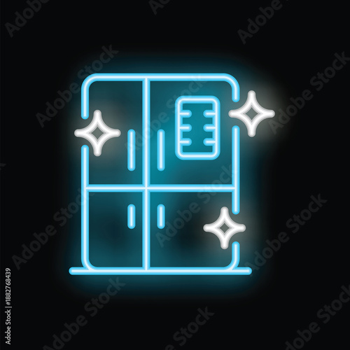 Glowing blue neon icon of a refrigerator with sparkling clean compartments, symbolizing food preservation and organization