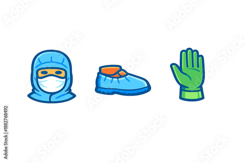 Protective gear icons: hazmat suit, shoe cover, and glove