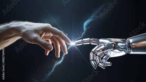 a striking digital artwork depicts a human hand almost touching a robotic hand with electric sparks symbolizing the fusion of technology and humanity high quality professional
