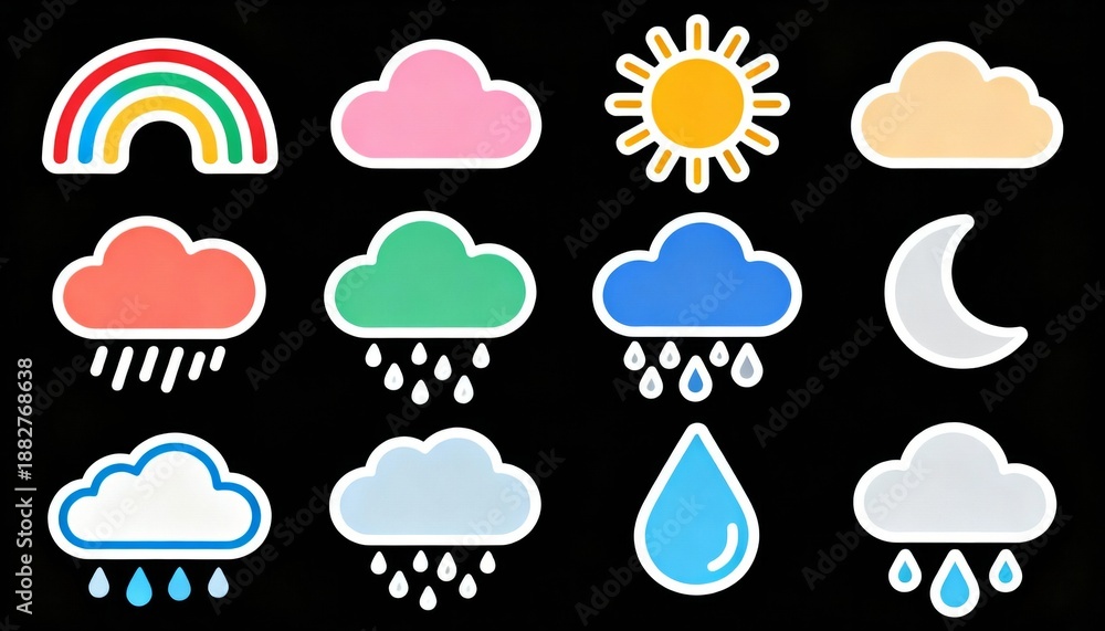 Naklejka premium A colorful collection of weather icons featuring clouds, rain, sunshine, a rainbow, and a moon against a black background.