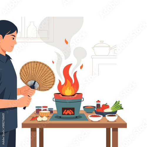 Man Fanning Fire While Cooking