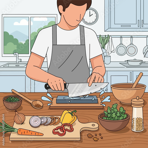Man sharpening kitchen knife in a modern home kitchen with fresh ingredients.