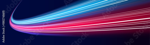 Glowing neon laser lines ripple across urban road. Motion lines, purple, blue, red wave trails, energy effects merge with police signals showing futuristic traffic speed. Vector illustration.