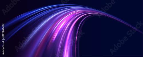 Neon laser speed lines flow along city highway. Purple and red light trails, wave energy, motion lines combine with police lights creating futuristic traffic scene. Vector illustration.