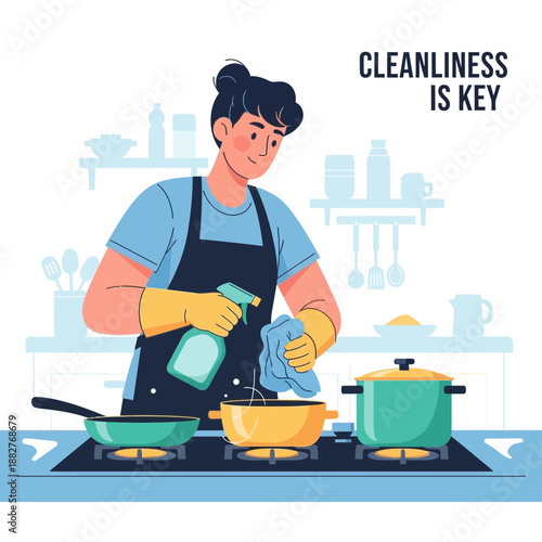 Person cleaning kitchen stove with spray bottle and cloth
