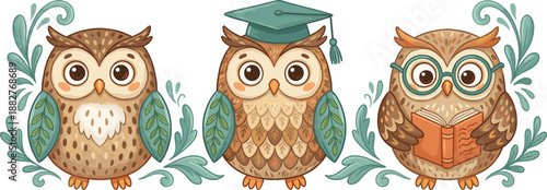 Wise brown owl characters with graduation cap and reading book, cute forest birds with glasses, educational school concept, cad drawing flat vector illustration