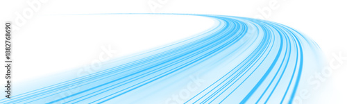 Glowing neon laser lines ripple across urban road. Motion lines, blue wave trails, energy swirls, water streams, air currents highlight futuristic speed and dynamic traffic. Vector illustration PNG.