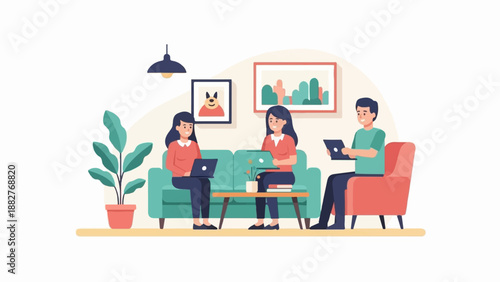 Casual meeting of three individuals in a home office setting, working on devices