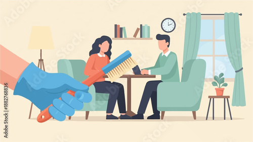Cleaning service in progress glove holds brush near couple at table