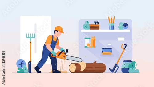 Carpenter cuts log with chainsaw, tools on shelf, rake and shovel