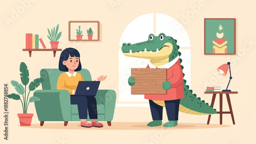 A woman works on a laptop while a crocodile holds a blank wooden sign