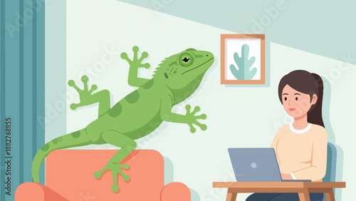 A woman works on a laptop while a green lizard clings to the wall behind her