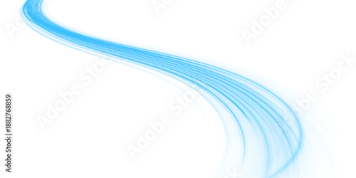Futuristic neon laser streaks curve along city streets. Blue light waves, motion trails, energy lines, whirlwind patterns, and cold air enhance traffic speed and motion. Vector illustration PNG.