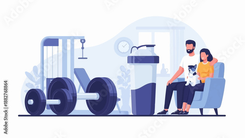 Couple and dog relax after workout with gym equipment and protein shaker