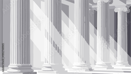 Classical Ionic columns bathed in dramatic light and shadow create a sense of grandeur